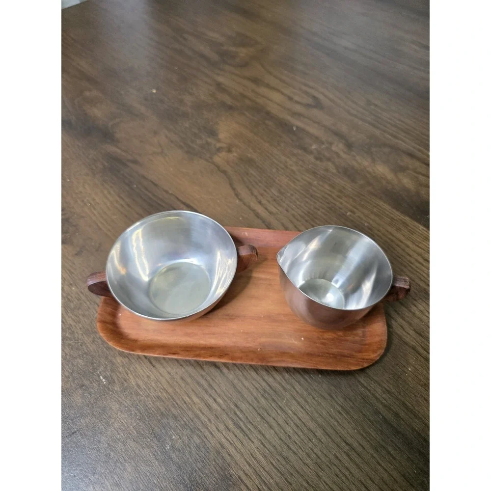 Vintage Brostrom Teakwood Tray Denmark Cream‎ And Sugar Set Stainless Steel E2